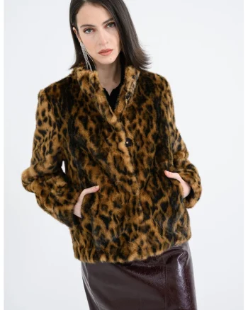 Jacheta de blana sintetica cu animal print, Negru/Caramel