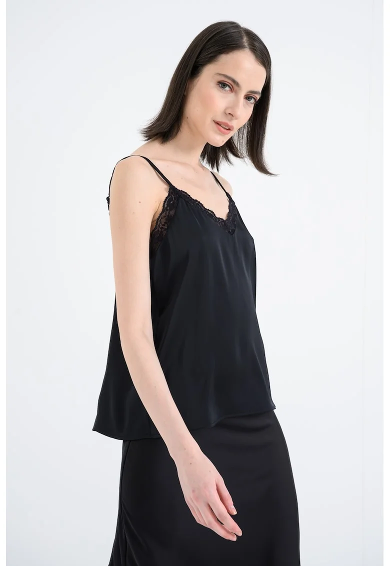 Top din satin cu captuseala din dantela, Negru