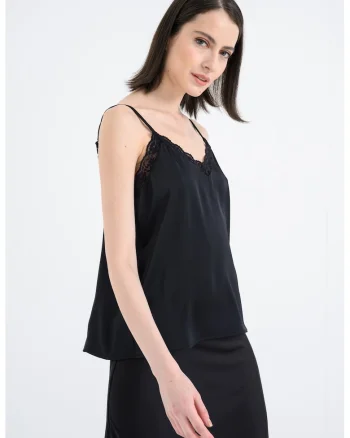 Top din satin cu captuseala din dantela, Negru