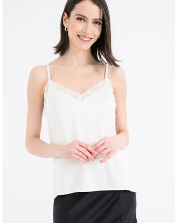 Top din satin cu captuseala din dantela, Alb