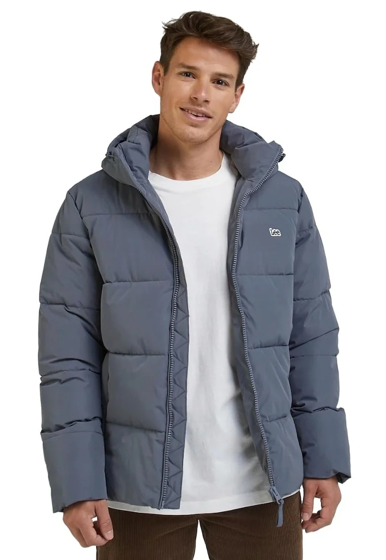 Jacheta puffer  gri deschis, cu gluga, maneci elastice, cu 2 buzunare cu fermoar, poliester,