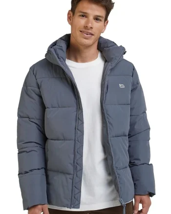 Jacheta puffer  gri deschis, cu gluga, maneci elastice, cu 2 buzunare cu fermoar, poliester,