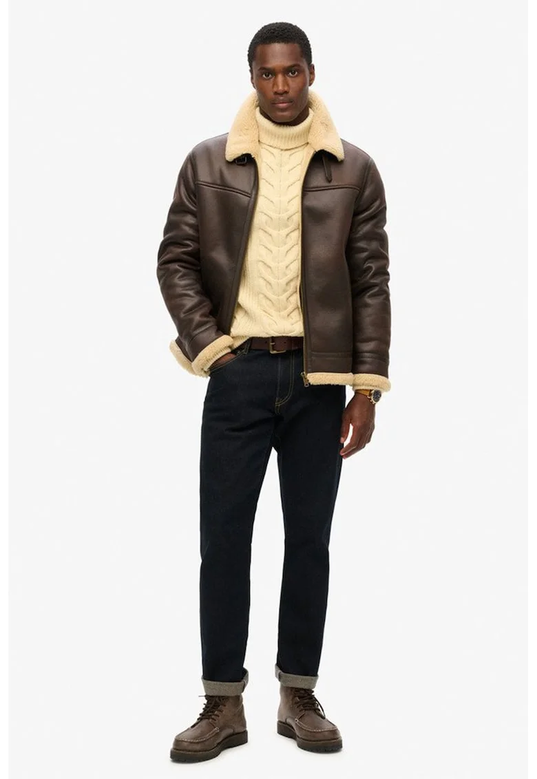 SUPERDRY, Jacheta din piele ecologica cu captuseala din material teddy, Maro inchis