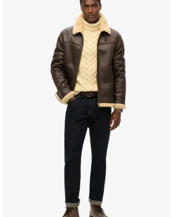 SUPERDRY, Jacheta din piele ecologica cu captuseala din material teddy, Maro inchis