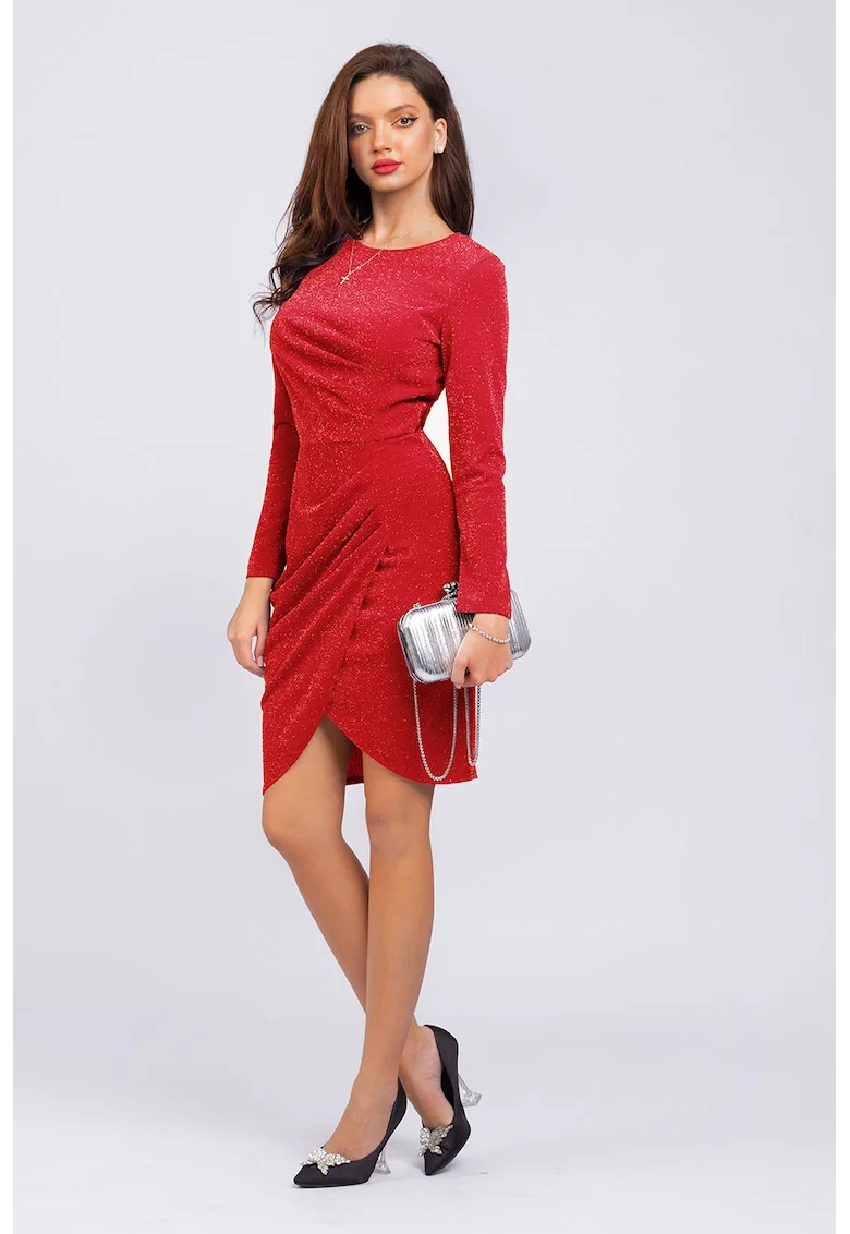 Rochie cambrata cu aspect stralucitor si maneci lungi, Rosu vermillion