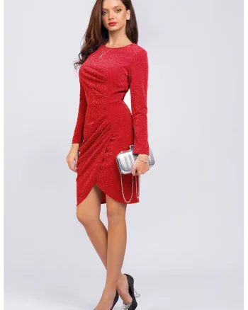 Rochie cambrata cu aspect stralucitor si maneci lungi, Rosu vermillion