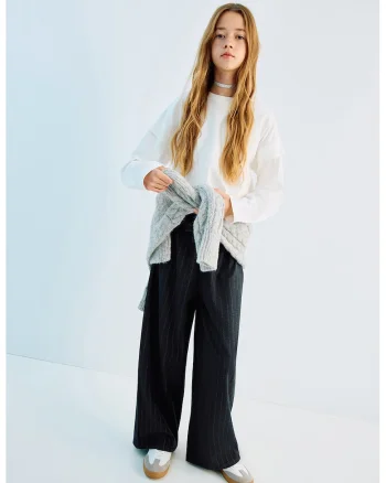 Pantaloni cu cordon in talie si dungi, Negru stins