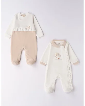 Set de salopete din amestec de bumbac cu botosei - 2 piese, Alb fildes/Maro nisip