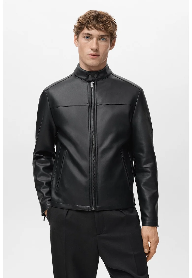 Jacheta biker de piele ecologica cu buzunare cu fermoar, Negru