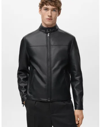 Jacheta biker de piele ecologica cu buzunare cu fermoar, Negru