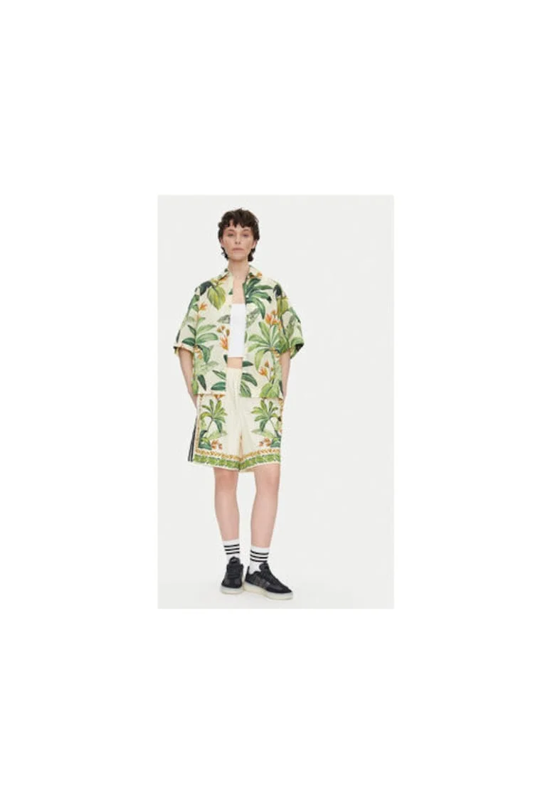 Pantaloni scurti cu model floral si croiala ampla., Verde/Bej