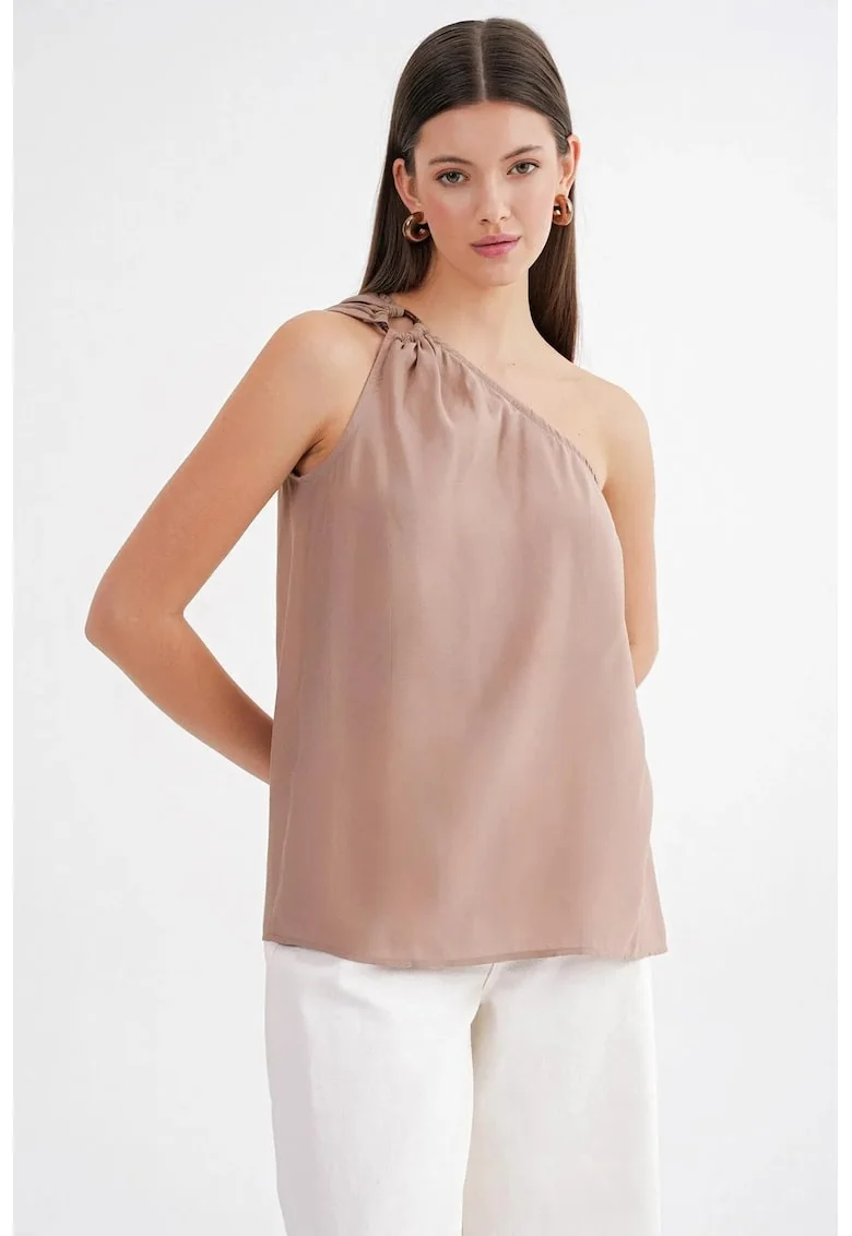 Maiou dama,  guler asimetric, detalii accesorii, maro camel, textil