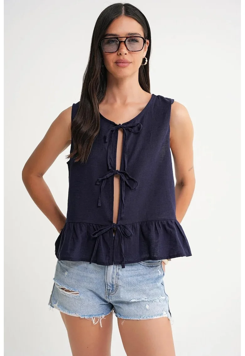 Maiou dama,  Bluza cu volane si nod in fata, Albastru marin, Textil