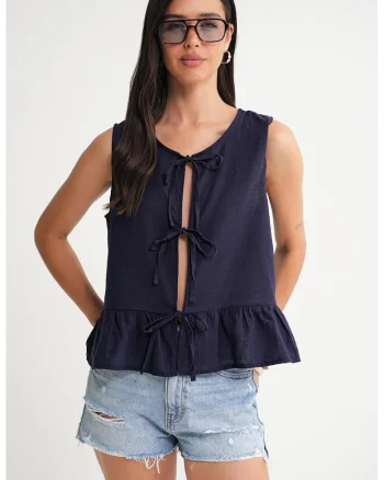 Maiou dama,  Bluza cu volane si nod in fata, Albastru marin, Textil