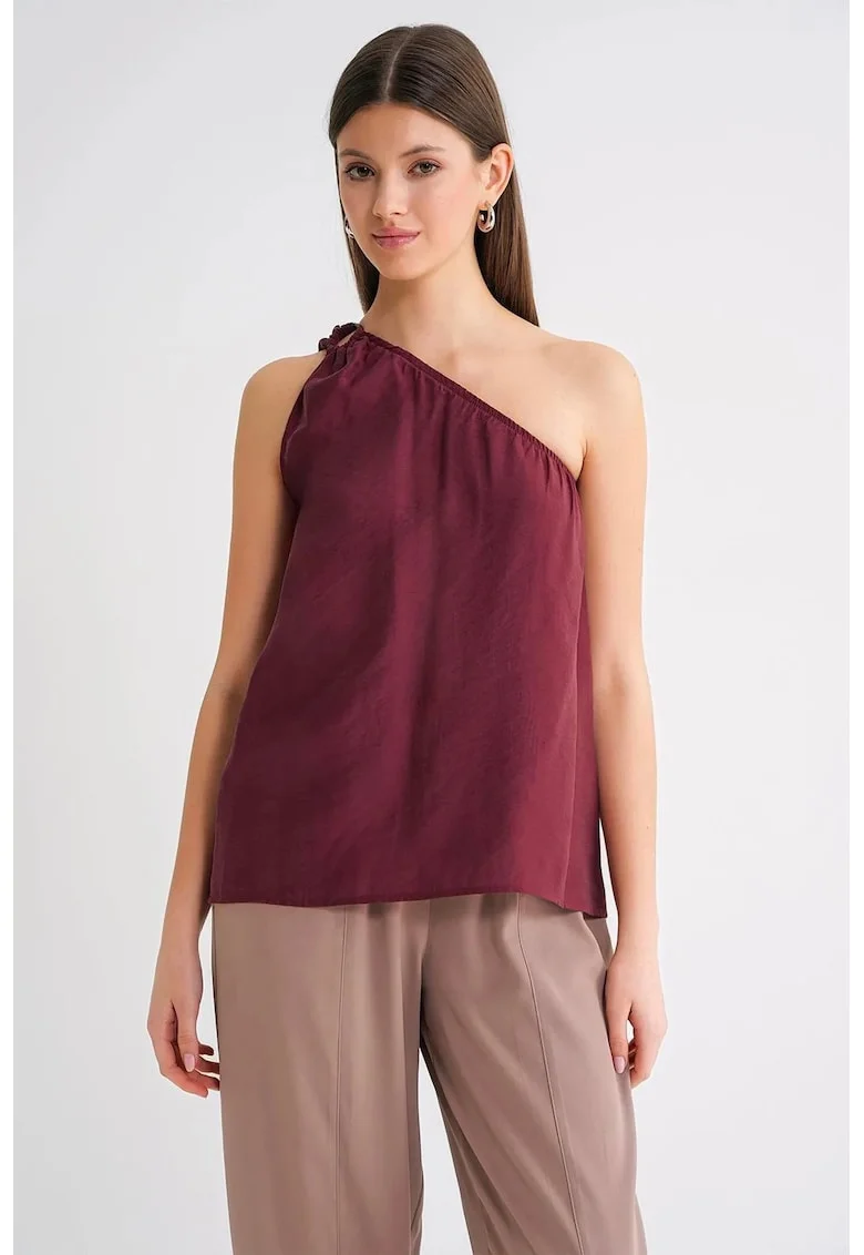 Top  guler asimetric, detalii, rosu burgundy, textil