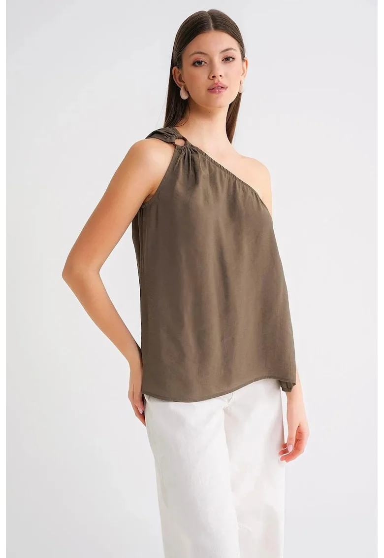 Maiou dama,  top detaliat cu accesorii, verde kaki, textil