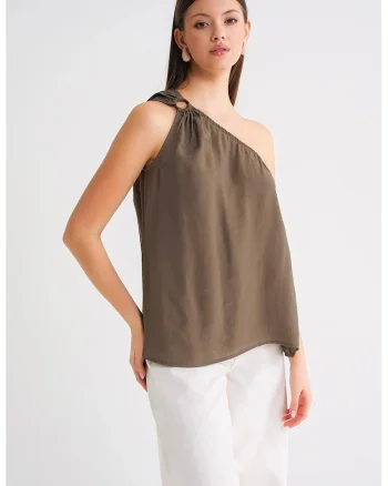 Maiou dama,  top detaliat cu accesorii, verde kaki, textil