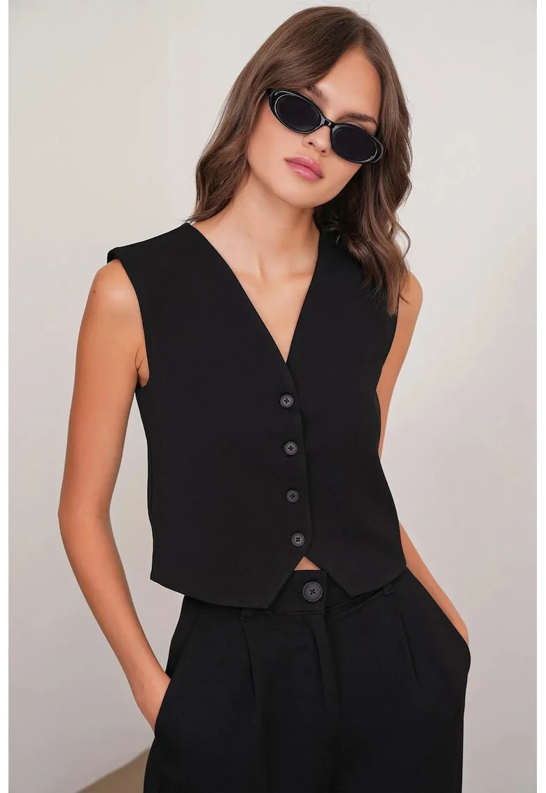 Top vesta  cu nasturi, decolteu in V, negru, textil, Negru