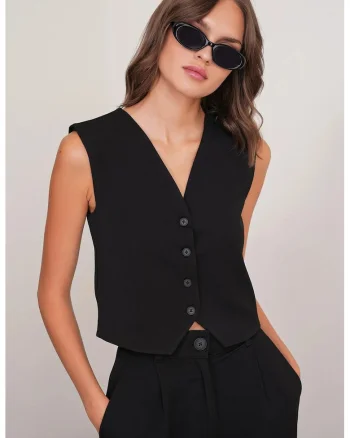 Top vesta  cu nasturi, decolteu in V, negru, textil, Negru