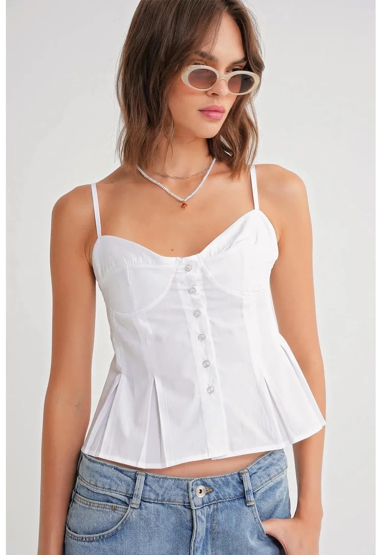Maiou dama,  Bluza cu guler in forma de inima si nasturi, alb, textil