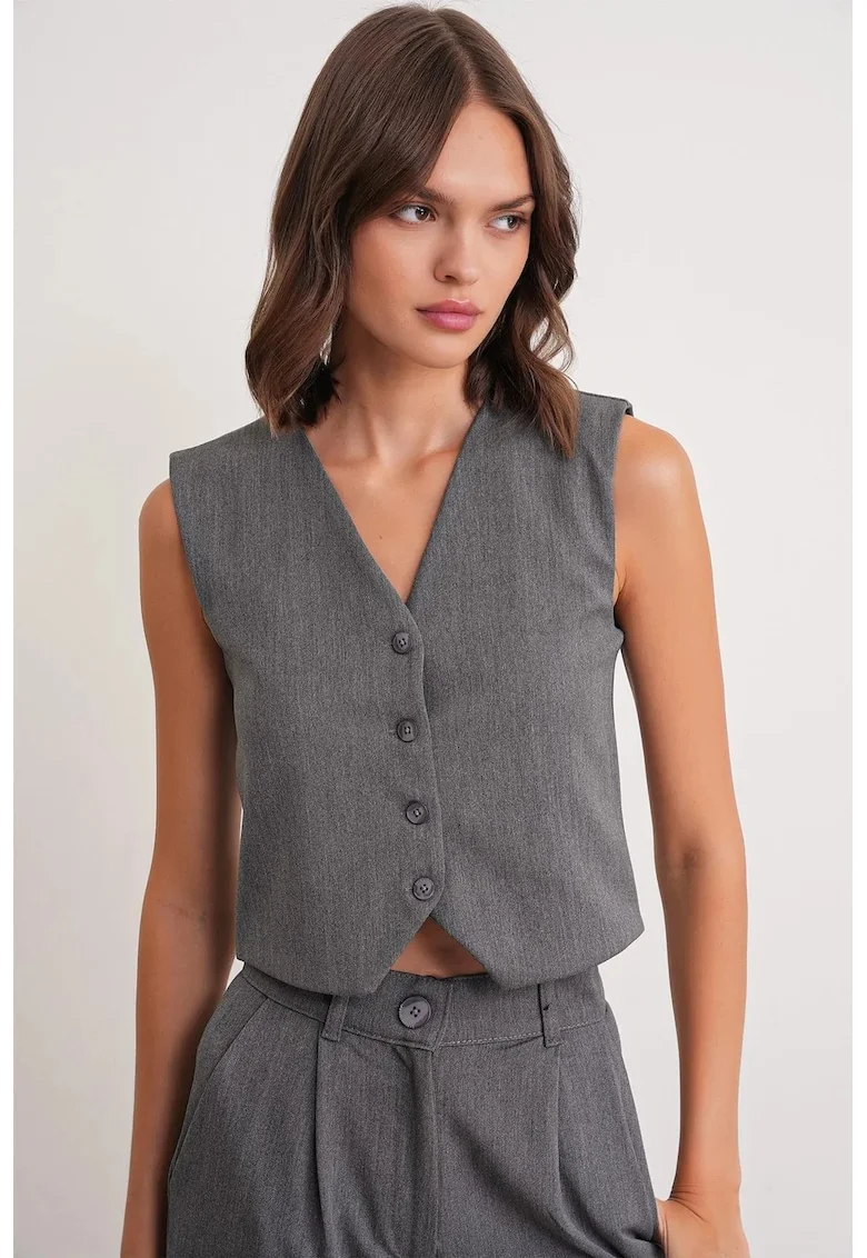 Maiou vesta dama,  cu nasturi, gri inchis, textil