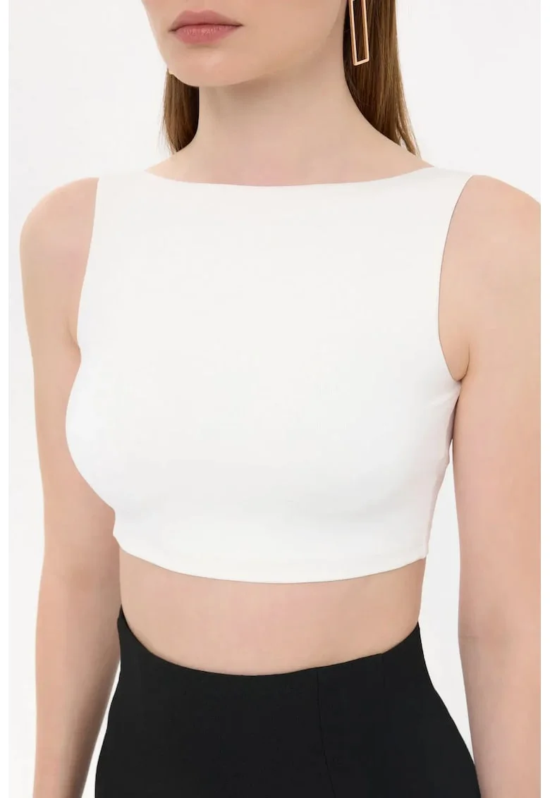Top dama,  fara maneci, detaliu spate, alb, jerseu,