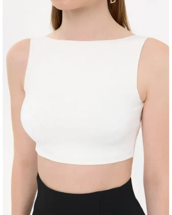 Top dama,  fara maneci, detaliu spate, alb, jerseu,