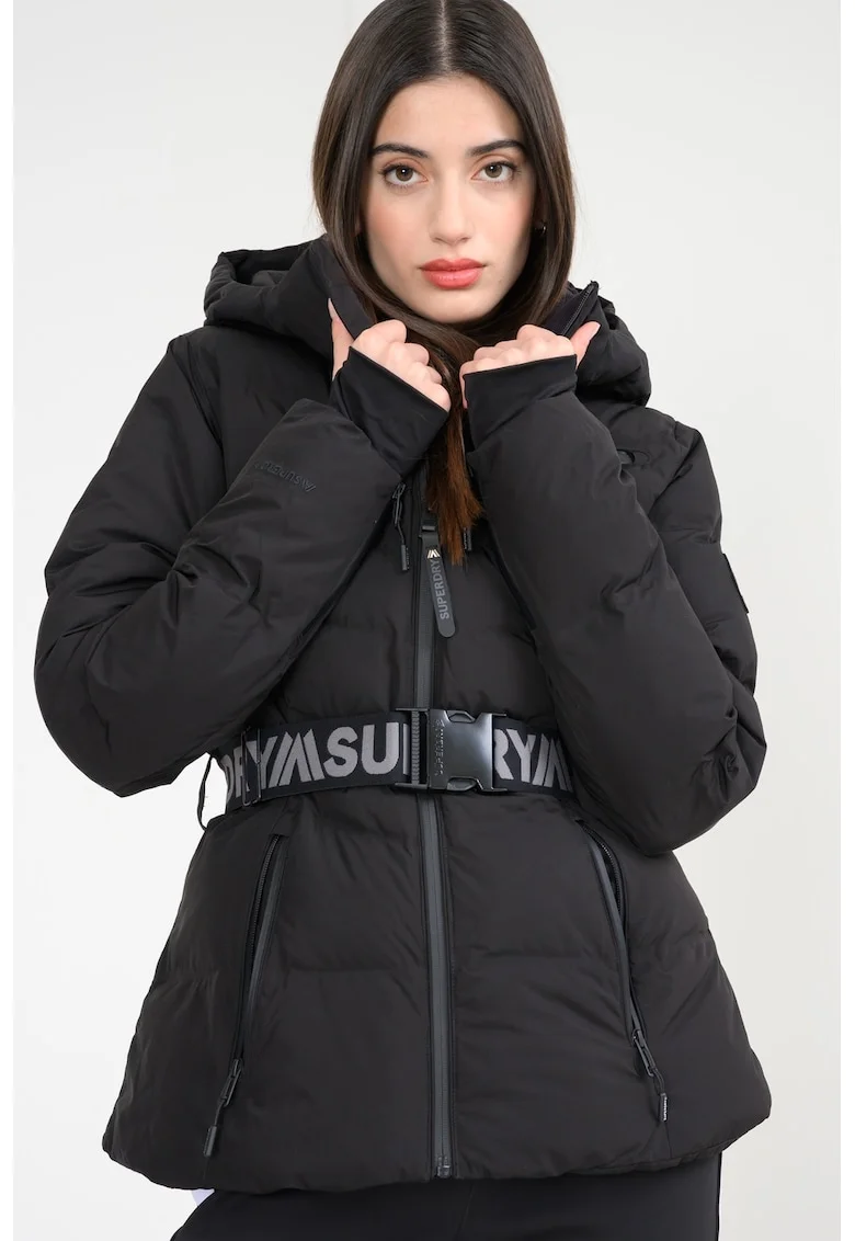 SUPERDRY, Geaca cu vatelina si curea pentru ski Luxe, Negru