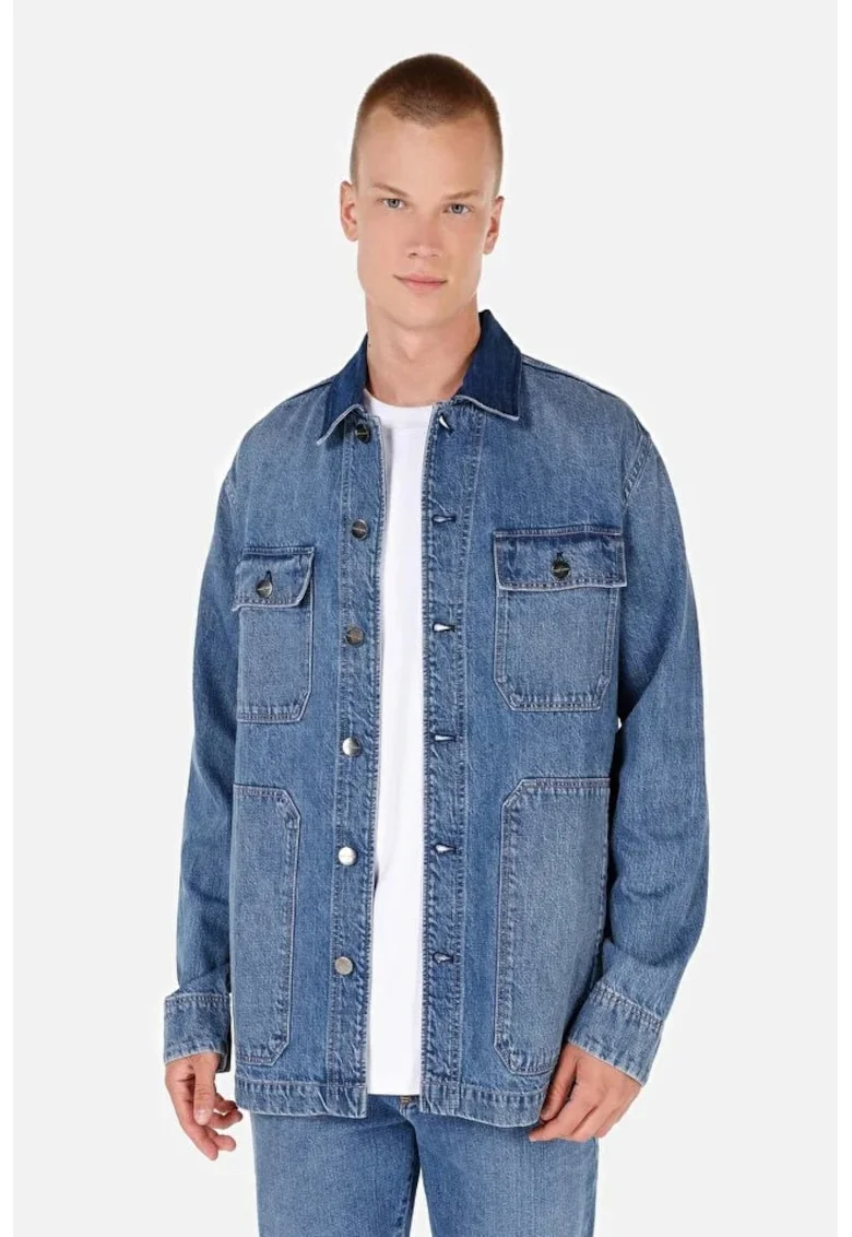 Jacheta din denim cu buzunare cu clapa, BLUE