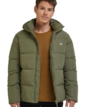 Jacheta puffer  verde masliniu, poliester, cu gluga, doua buzunare cu fermoar,
