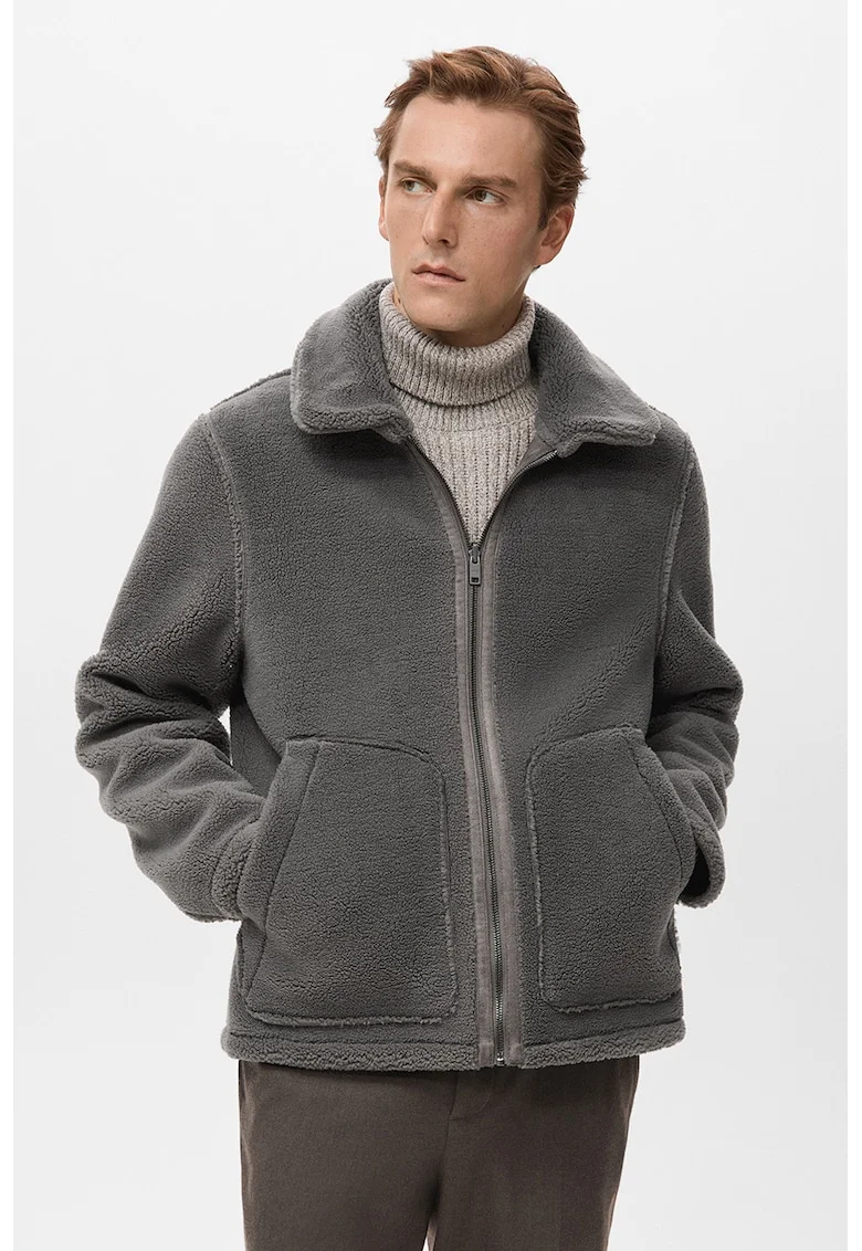 Jacheta din blana shearling sintetica, Gri cenusiu