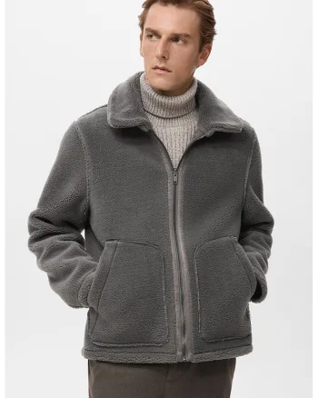 Jacheta din blana shearling sintetica, Gri cenusiu