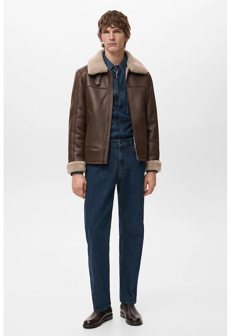 Jacheta din piele shearling sintetica cu fermoar, Maro scortisoara