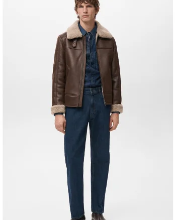Jacheta din piele shearling sintetica cu fermoar, Maro scortisoara