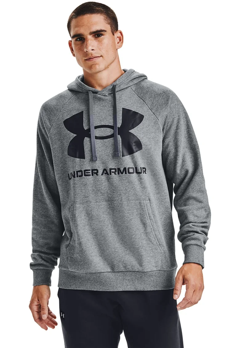 Hanorac din fleece cu imprimeu logo si maneci raglan, pentru fitness Rival, Negru/Gri melange