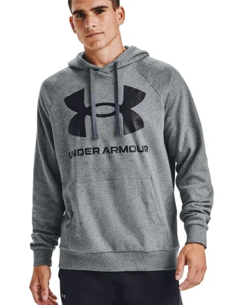 Hanorac din fleece cu imprimeu logo si maneci raglan, pentru fitness Rival, Negru/Gri melange
