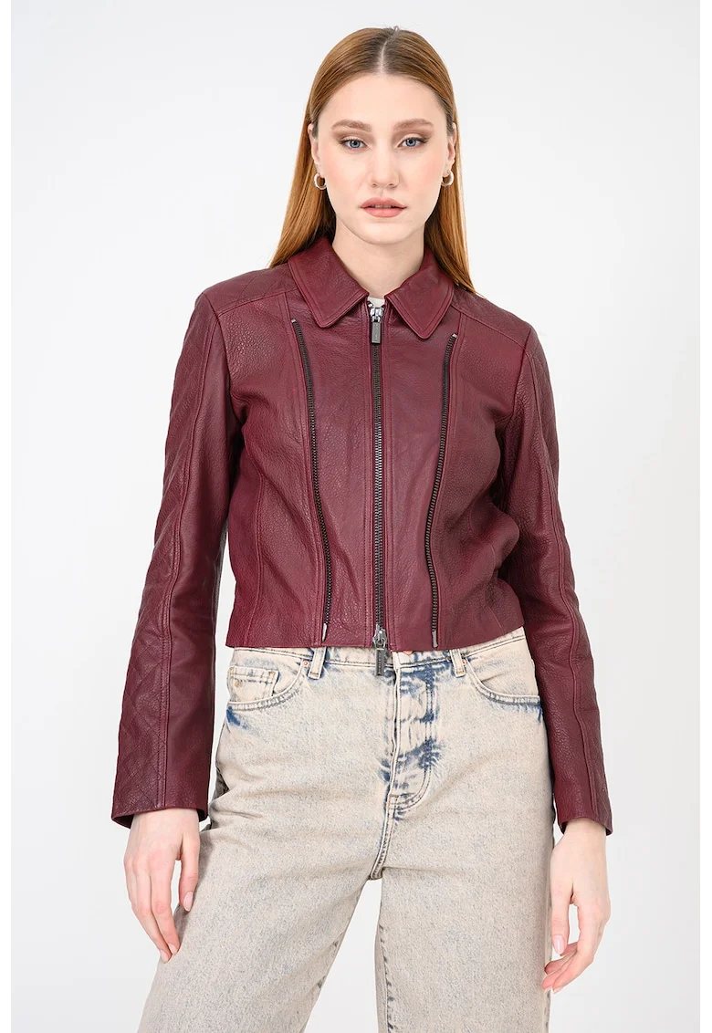 Jacheta crop de piele cu guler clasic, Violet pruna
