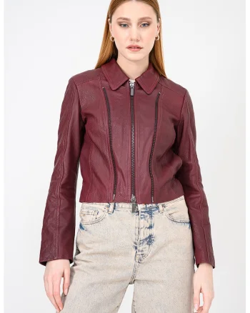 Jacheta crop de piele cu guler clasic, Violet pruna