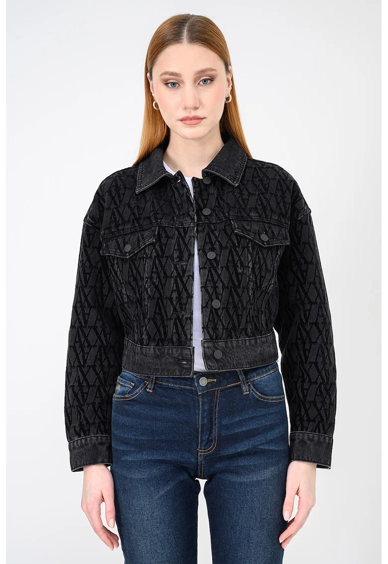 Jacheta crop de denim cu logo, Negru stins