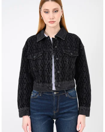 Jacheta crop de denim cu logo, Negru stins