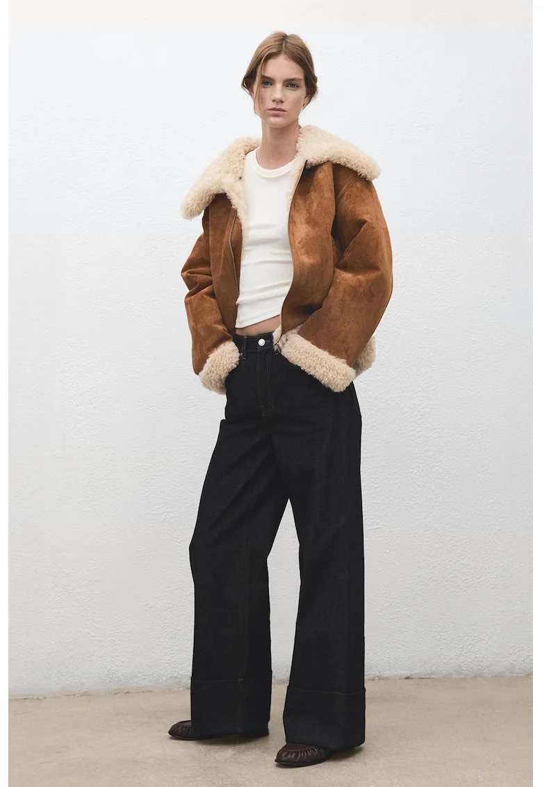 Geaca din blana shearling sintetics cu fernoar, Caramel