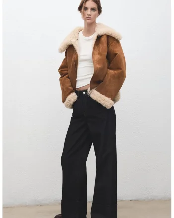 Geaca din blana shearling sintetics cu fernoar, Caramel