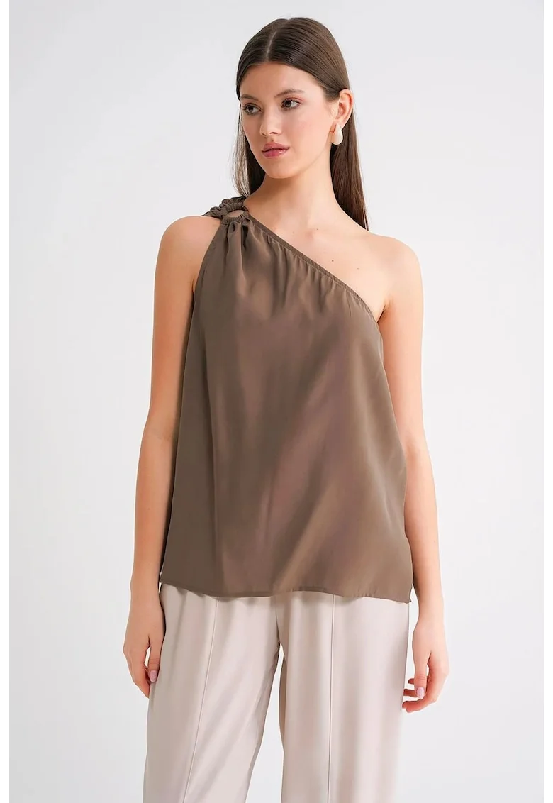 Top dama,  guler asimetric, maro mocca, textil