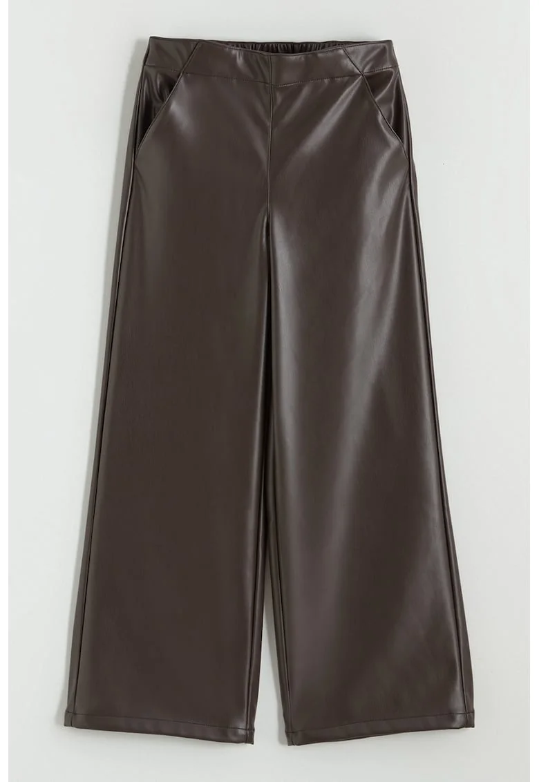 Pantaloni evazati de piele ecologica cu talie elastica, Maro inchis