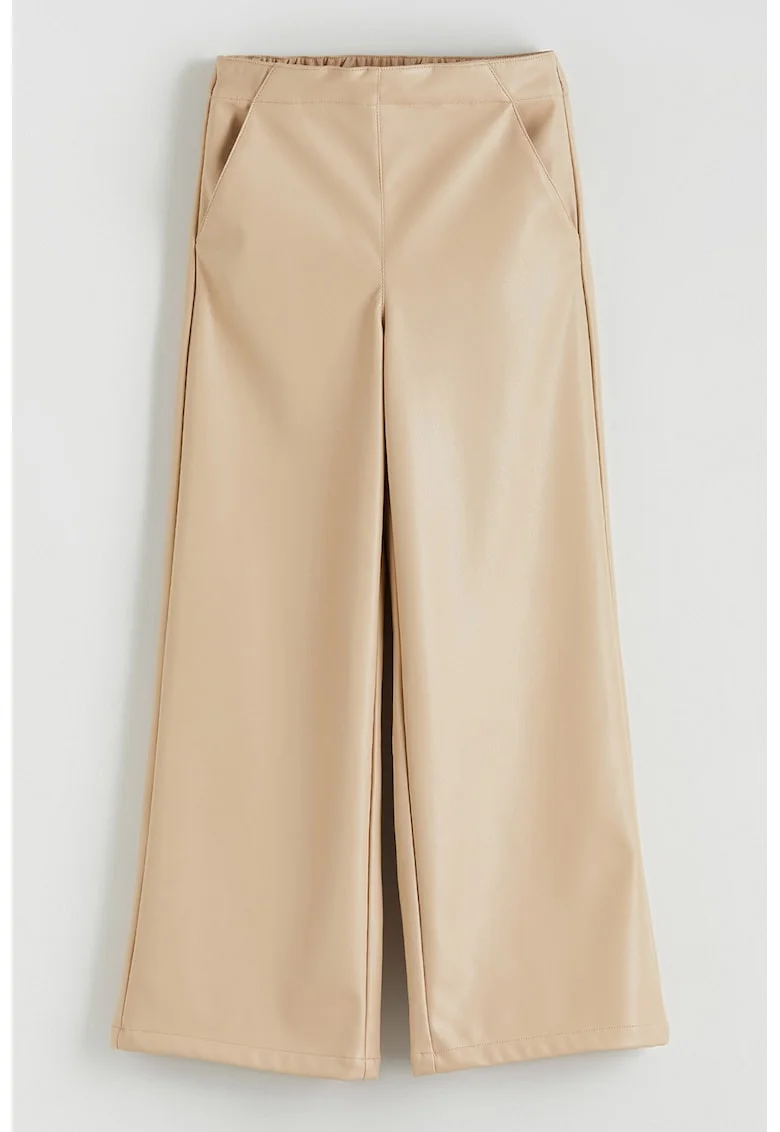 Pantaloni evazati de piele ecologica cu talie elastica, Bej