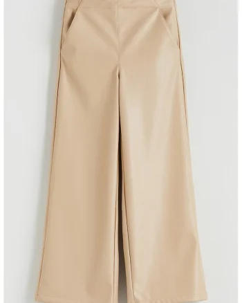 Pantaloni evazati de piele ecologica cu talie elastica, Bej