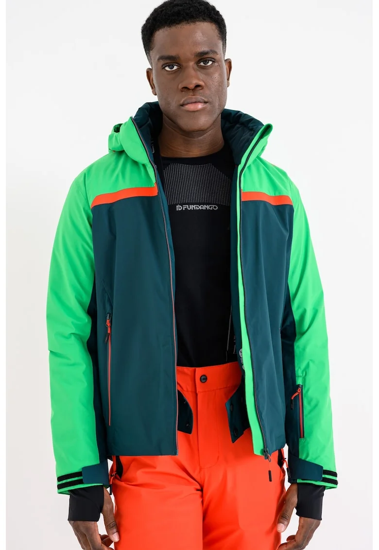 Geaca impermeabila cu gluga detasabila pentru schi, Verde inchis/Verde neon