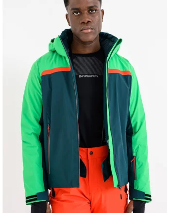 Geaca impermeabila cu gluga detasabila pentru schi, Verde inchis/Verde neon