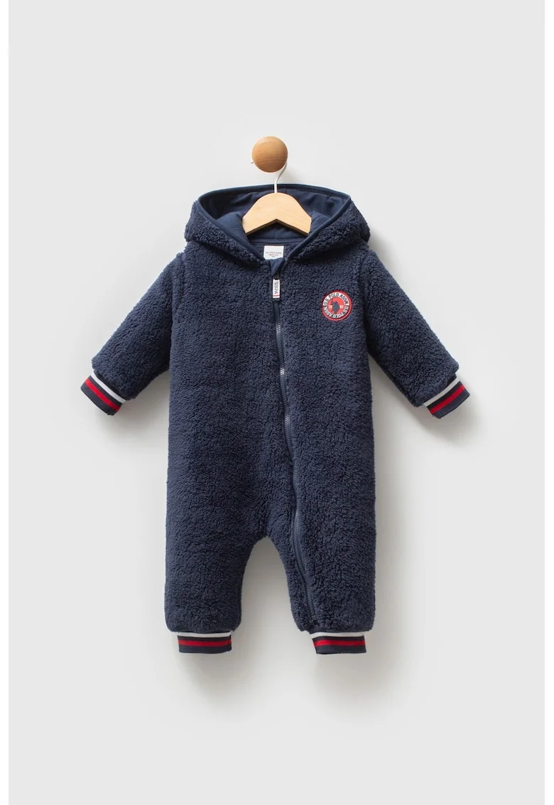Salopeta din material teddy cu gluga si logo, Bleumarin