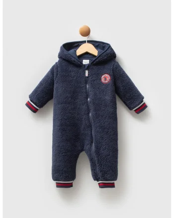 Salopeta din material teddy cu gluga si logo, Bleumarin